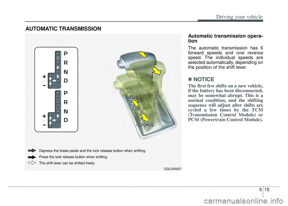 KIA SPORTAGE 2022 Owners Manual 515
Driving your vehicle
Automatic transmission opera-
tion
The automatic transmission has 6
forward speeds and one reverse
speed. The individual speeds are
selected automatically, depending on
the po KIA SPORTAGE 2022 Owners Manual 515
Driving your vehicle
Automatic transmission opera-
tion
The automatic transmission has 6
forward speeds and one reverse
speed. The individual speeds are
selected automatically, depending on
the po
