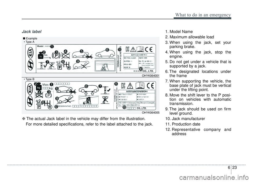 KIA SPORTAGE 2022 Owners Manual 623
What to do in an emergency
Jack label1. Model Name
2. Maximum allowable load
3. When using the jack, set yourparking brake.
4. When using the jack, stop the engine.
5. Do not get under a vehicle t KIA SPORTAGE 2022 Owners Manual 623
What to do in an emergency
Jack label1. Model Name
2. Maximum allowable load
3. When using the jack, set yourparking brake.
4. When using the jack, stop the engine.
5. Do not get under a vehicle t
