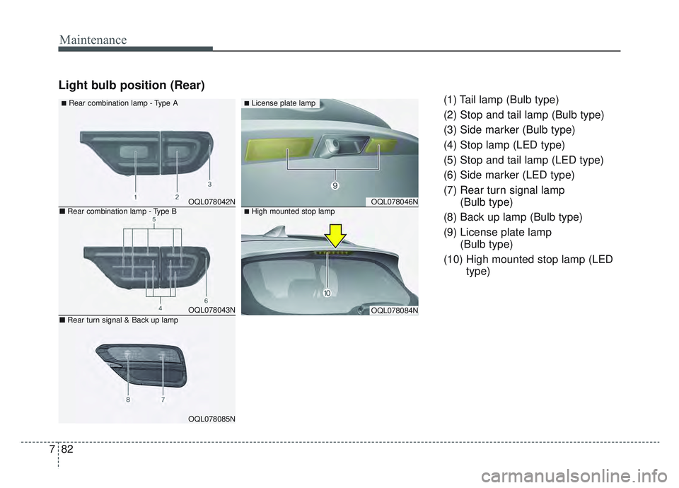 KIA SPORTAGE 2022 Owners Manual Maintenance
82
7
Light bulb position (Rear)
(1) Tail lamp (Bulb type)
(2) Stop and tail lamp (Bulb type)
(3) Side marker (Bulb type)
(4) Stop lamp (LED type)
(5) Stop and tail lamp (LED type)
(6) Side KIA SPORTAGE 2022 Owners Manual Maintenance
82
7
Light bulb position (Rear)
(1) Tail lamp (Bulb type)
(2) Stop and tail lamp (Bulb type)
(3) Side marker (Bulb type)
(4) Stop lamp (LED type)
(5) Stop and tail lamp (LED type)
(6) Side