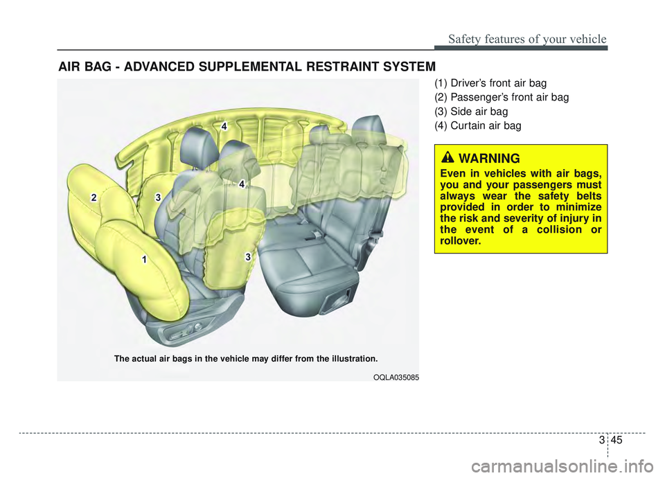 KIA SPORTAGE 2022 Repair Manual 345
Safety features of your vehicle
(1) Driver’s front air bag
(2) Passenger’s front air bag
(3) Side air bag
(4) Curtain air bag
AIR BAG - ADVANCED SUPPLEMENTAL RESTRAINT SYSTEM
The actual air ba
