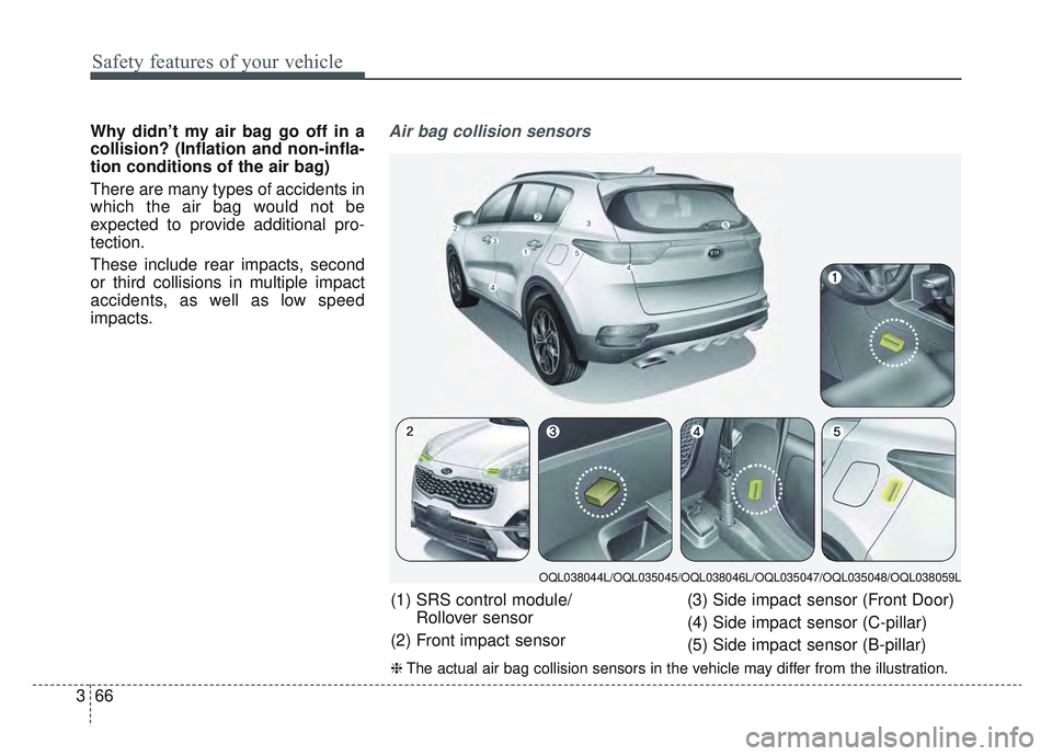 KIA SPORTAGE 2022 Manual Online Safety features of your vehicle
66
3
Why didn’t my air bag go off in a
collision? (Inflation and non-infla-
tion conditions of the air bag)
There are many types of accidents in
which the air bag wou