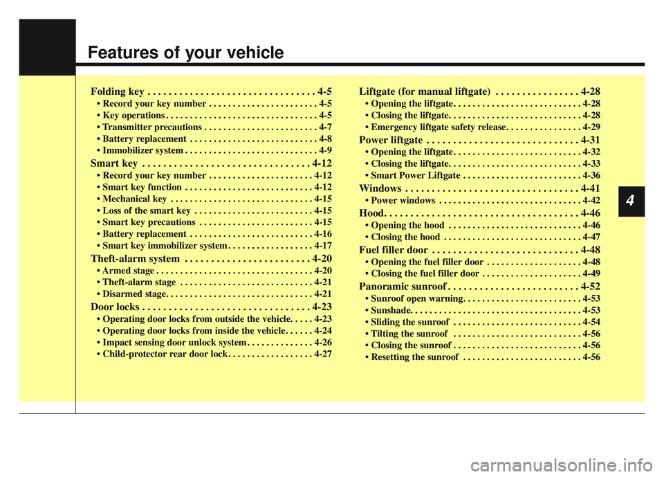 KIA SPORTAGE 2022  Owners Manual Features of your vehicle
Folding key . . . . . . . . . . . . . . . . . . . . . . . . . . . . . . . . 4-5
• Record your key number . . . . . . . . . . . . . . . . . . . . . . . 4-5
• Key operations