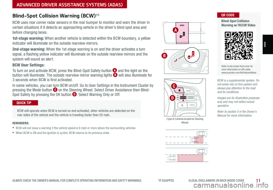 KIA SPORTAGE 2022 Features and Functions Guide 11ALWAYS CHECK THE OWNER’S MANUAL FOR COMPLETE OPER ATING INFORMATION AND SAFET Y WARNINGS. *IF EQUIPPED †LEGAL DISCL AIMERS ON BACK INSIDE COVER
BCW is a supplemental system. KIA SPORTAGE 2022 Features and Functions Guide 11ALWAYS CHECK THE OWNER’S MANUAL FOR COMPLETE OPER ATING INFORMATION AND SAFET Y WARNINGS. *IF EQUIPPED †LEGAL DISCL AIMERS ON BACK INSIDE COVER
BCW is a supplemental system.