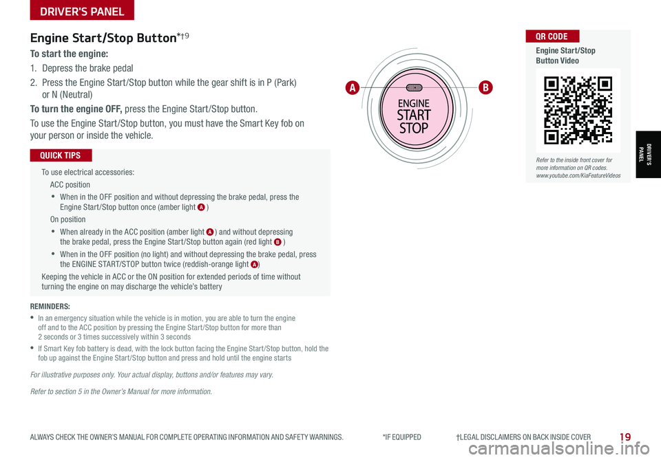KIA SPORTAGE 2022 Features and Functions Guide DRIVER'S PANEL
19ALWAYS CHECK THE OWNER’S MANUAL FOR COMPLETE OPER ATING INFORMATION AND SAFET Y WARNINGS. *IF EQUIPPED †LEGAL DISCL AIMERS ON BACK INSIDE COVER
Engine Sta KIA SPORTAGE 2022 Features and Functions Guide DRIVER'S PANEL
19ALWAYS CHECK THE OWNER’S MANUAL FOR COMPLETE OPER ATING INFORMATION AND SAFET Y WARNINGS. *IF EQUIPPED †LEGAL DISCL AIMERS ON BACK INSIDE COVER
Engine Sta