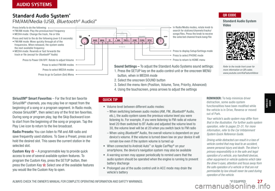 KIA SPORTAGE 2022 Features and Functions Guide AUDIO SYSTEMS
ALWAYS CHECK THE OWNER’S MANUAL FOR COMPLETE OPER ATING INFORMATION AND SAFET Y WARNINGS. *IF EQUIPPED
AUDIOSYSTEMS
27
Press briefly to do the following:• FM/AM mode: Play the prev KIA SPORTAGE 2022 Features and Functions Guide AUDIO SYSTEMS
ALWAYS CHECK THE OWNER’S MANUAL FOR COMPLETE OPER ATING INFORMATION AND SAFET Y WARNINGS. *IF EQUIPPED
AUDIOSYSTEMS
27
Press briefly to do the following:• FM/AM mode: Play the prev