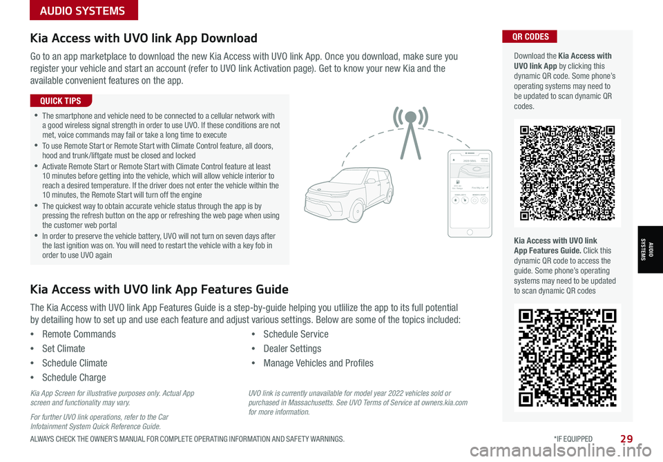 KIA SPORTAGE 2022  Features and Functions Guide AUDIO SYSTEMS
AUDIOSYSTEMS
29ALWAYS CHECK THE OWNER’S MANUAL FOR COMPLETE OPER ATING INFORMATION AND SAFET Y WARNINGS.  *IF EQUIPPED
Kia Access with UVO link App DownloadQR CODES
Kia Access with UVO