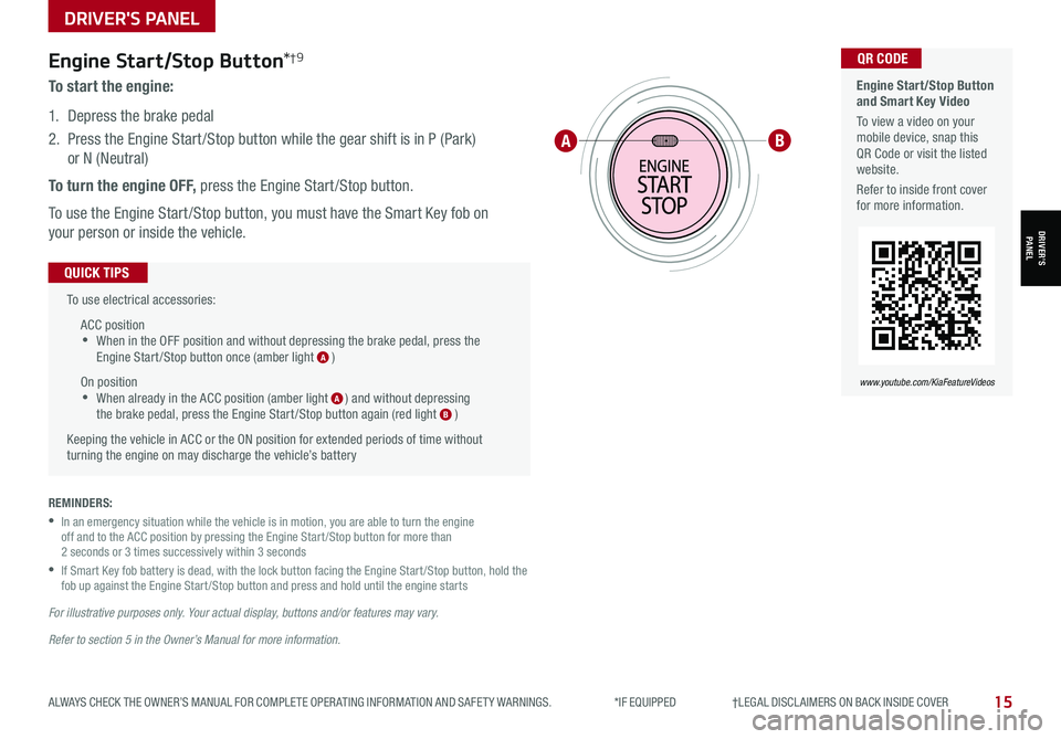 KIA SPORTAGE 2021 Features and Functions Guide DRIVER'S PANEL
15ALWAYS CHECK THE OWNER’S MANUAL FOR COMPLETE OPER ATING INFORMATION AND SAFET Y WARNINGS. *IF EQUIPPED †LEGAL DISCL AIMERS ON BACK INSIDE COVER
Engine Sta KIA SPORTAGE 2021 Features and Functions Guide DRIVER'S PANEL
15ALWAYS CHECK THE OWNER’S MANUAL FOR COMPLETE OPER ATING INFORMATION AND SAFET Y WARNINGS. *IF EQUIPPED †LEGAL DISCL AIMERS ON BACK INSIDE COVER
Engine Sta