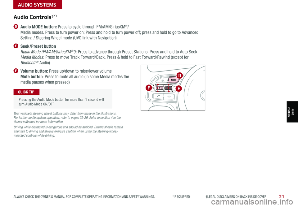 KIA SPORTAGE 2021 Features and Functions Guide 21ALWAYS CHECK THE OWNER’S MANUAL FOR COMPLETE OPER ATING INFORMATION AND SAFET Y WARNINGS. *IF EQUIPPED †LEGAL DISCL AIMERS ON BACK INSIDE COVER
D Audio MODE button: Press KIA SPORTAGE 2021 Features and Functions Guide 21ALWAYS CHECK THE OWNER’S MANUAL FOR COMPLETE OPER ATING INFORMATION AND SAFET Y WARNINGS. *IF EQUIPPED †LEGAL DISCL AIMERS ON BACK INSIDE COVER
D Audio MODE button: Press