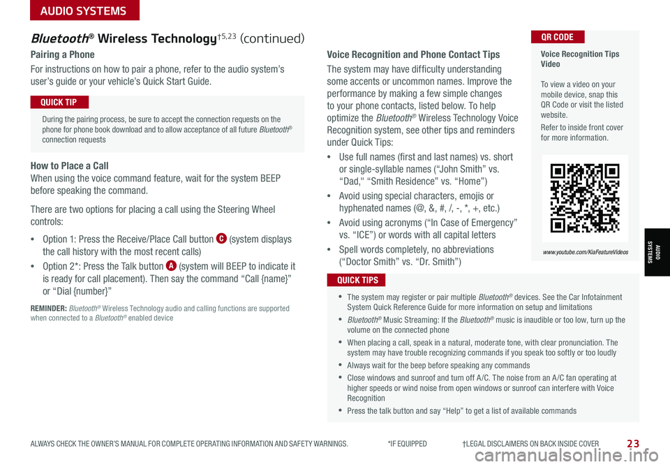 KIA SPORTAGE 2021 Features and Functions Guide 23ALWAYS CHECK THE OWNER’S MANUAL FOR COMPLETE OPER ATING INFORMATION AND SAFET Y WARNINGS. *IF EQUIPPED †LEGAL DISCL AIMERS ON BACK INSIDE COVER
AUDIO SYSTEMS
AUDIOSYSTEMS
Voi KIA SPORTAGE 2021 Features and Functions Guide 23ALWAYS CHECK THE OWNER’S MANUAL FOR COMPLETE OPER ATING INFORMATION AND SAFET Y WARNINGS. *IF EQUIPPED †LEGAL DISCL AIMERS ON BACK INSIDE COVER
AUDIO SYSTEMS
AUDIOSYSTEMS
Voi
