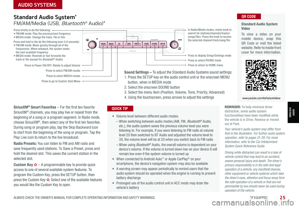 KIA SPORTAGE 2021 Features and Functions Guide AUDIO SYSTEMS
ALWAYS CHECK THE OWNER’S MANUAL FOR COMPLETE OPER ATING INFORMATION AND SAFET Y WARNINGS. *IF EQUIPPED
AUDIOSYSTEMS
25
Press briefly to do the following:• FM/AM mode: Play the prev KIA SPORTAGE 2021 Features and Functions Guide AUDIO SYSTEMS
ALWAYS CHECK THE OWNER’S MANUAL FOR COMPLETE OPER ATING INFORMATION AND SAFET Y WARNINGS. *IF EQUIPPED
AUDIOSYSTEMS
25
Press briefly to do the following:• FM/AM mode: Play the prev
