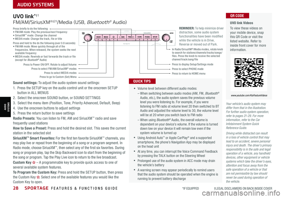 KIA SPORTAGE 2021 Features and Functions Guide 28SPORTAGE FEATURES & FUNCTIONS GUIDE
AUDIO SYSTEMS
*IF EQUIPPED †LEGAL DISCL AIMERS ON BACK INSIDE COVER
AUDIOSYSTEMS
Your vehicle’s audio system may differ from that in the KIA SPORTAGE 2021 Features and Functions Guide 28SPORTAGE FEATURES & FUNCTIONS GUIDE
AUDIO SYSTEMS
*IF EQUIPPED †LEGAL DISCL AIMERS ON BACK INSIDE COVER
AUDIOSYSTEMS
Your vehicle’s audio system may differ from that in the