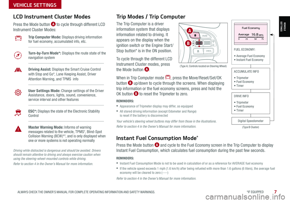 KIA SPORTAGE 2021  Features and Functions Guide *IF EQUIPPED 7ALWAYS CHECK THE OWNER’S MANUAL FOR COMPLETE OPER ATING INFORMATION AND SAFET Y WARNINGS. 
VEHICLE SETTINGS
The Trip Computer is a driver 
information system that displays 
information