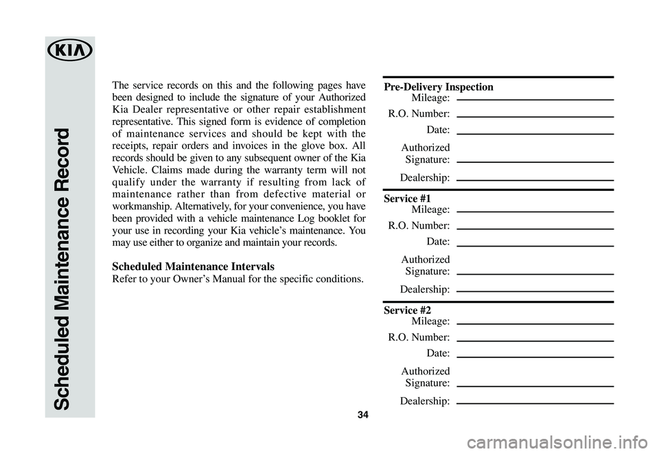 KIA SPORTAGE 2021  Warranty and Consumer Information Guide 34Scheduled Maintenance Record
The service records on this and the following pages have 
been designed to include the signature of your Authorized 
Kia Dealer representative or other repair establishm