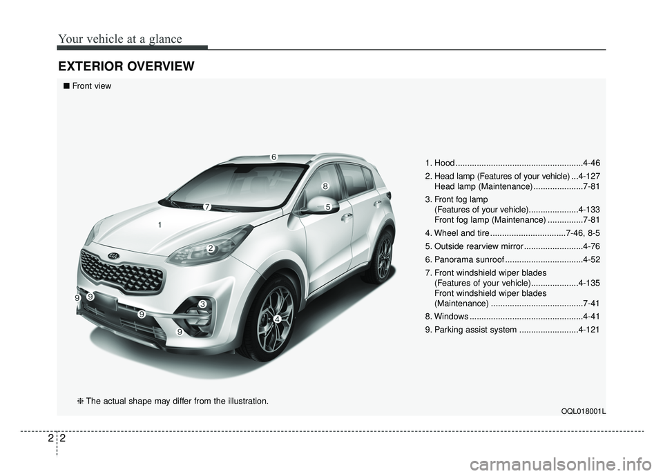KIA SPORTAGE 2020 User Guide Your vehicle at a glance
22
EXTERIOR OVERVIEW
1. Hood ......................................................4-46
2. Head lamp (Features of your vehicle) ...4-127
Head lamp (Maintenance) .............. KIA SPORTAGE 2020 User Guide Your vehicle at a glance
22
EXTERIOR OVERVIEW
1. Hood ......................................................4-46
2. Head lamp (Features of your vehicle) ...4-127
Head lamp (Maintenance) ..............