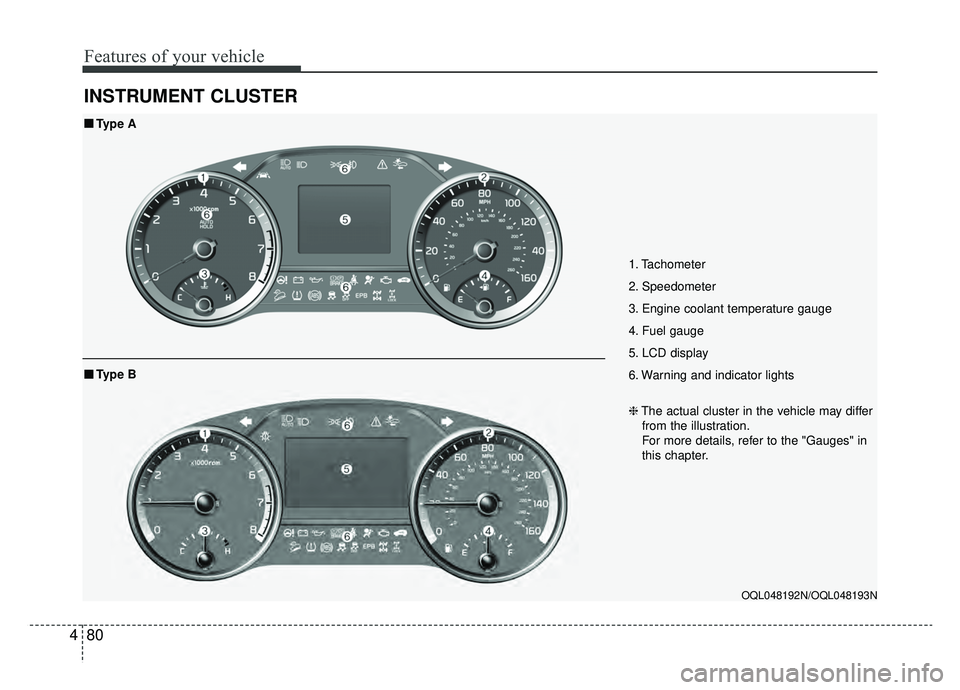 KIA SPORTAGE 2020 Owners Manual Features of your vehicle
80
4
INSTRUMENT CLUSTER
1. Tachometer
2. Speedometer
3. Engine coolant temperature gauge
4. Fuel gauge
5. LCD display
6. Warning and indicator lights
OQL048192N/OQL048193N
KIA SPORTAGE 2020 Owners Manual Features of your vehicle
80
4
INSTRUMENT CLUSTER
1. Tachometer
2. Speedometer
3. Engine coolant temperature gauge
4. Fuel gauge
5. LCD display
6. Warning and indicator lights
OQL048192N/OQL048193N
