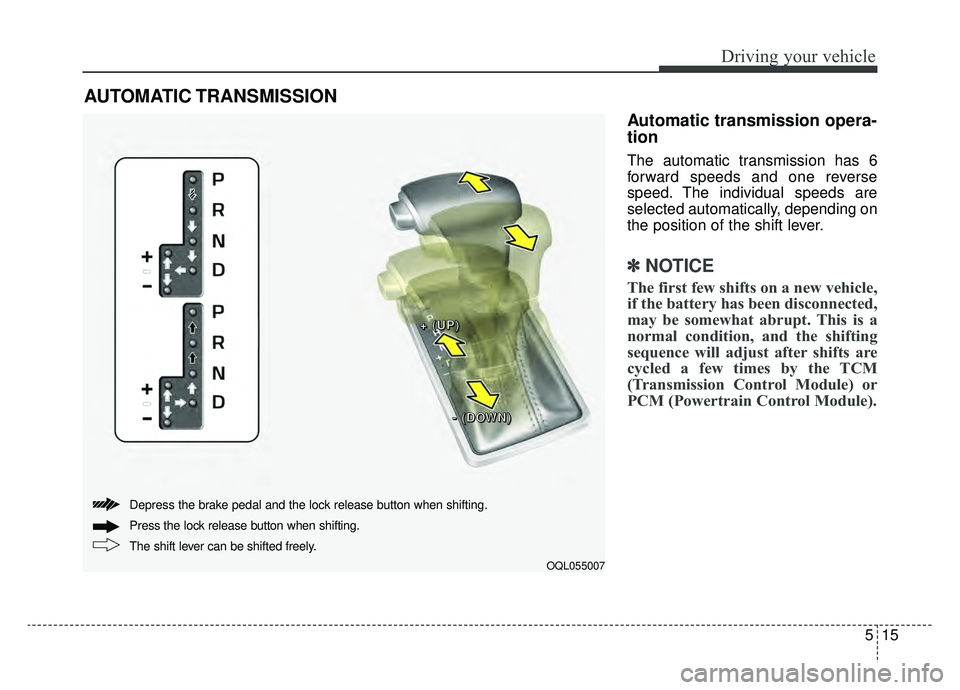 KIA SPORTAGE 2020  Owners Manual 515
Driving your vehicle
Automatic transmission opera-
tion
The automatic transmission has 6
forward speeds and one reverse
speed. The individual speeds are
selected automatically, depending on
the po