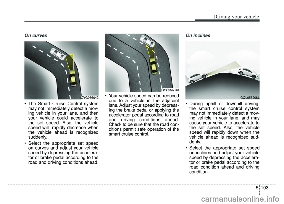 KIA SPORTAGE 2020  Owners Manual 5103
Driving your vehicle
On curves
 The Smart Cruise Control systemmay not immediately detect a mov-
ing vehicle in your lane, and then
your vehicle could accelerate to
the set speed. Also, the vehic
