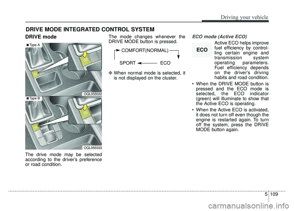 KIA SPORTAGE 2020  Owners Manual 5109
Driving your vehicle
DRIVE mode
The drive mode may be selected
according to the driver’s preference
or road condition.The mode changes whenever the
DRIVE MODE button is pressed.
❈ 
When norma