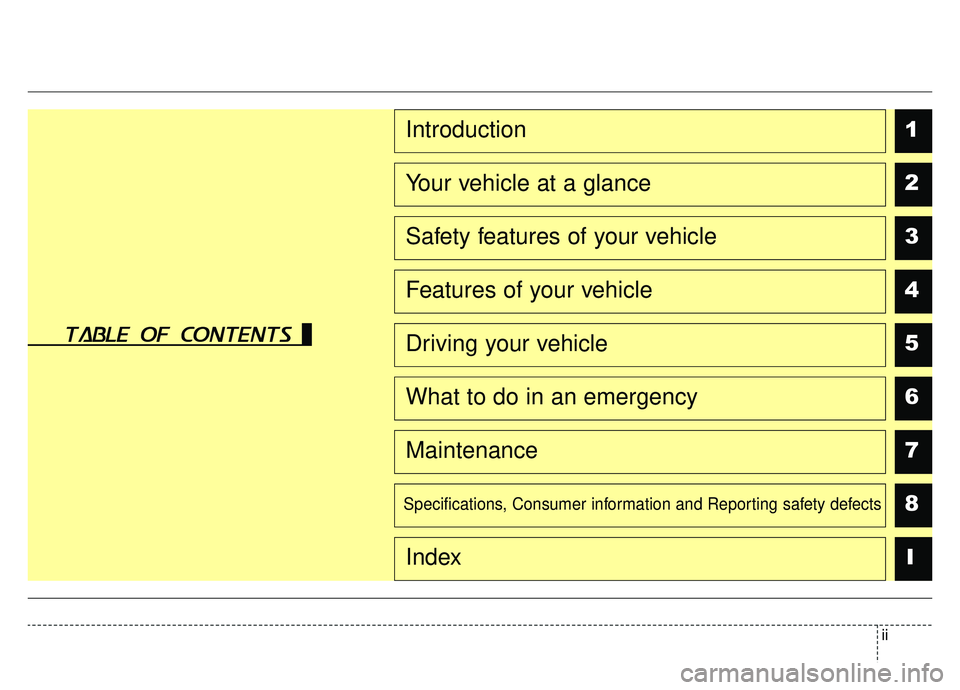 KIA SPORTAGE 2020 Owners Manual ii
table of contents
1
2
3
4
5
6
7
8I
Introduction
Your vehicle at a glance
Safety features of your vehicle
Features of your vehicle
Driving your vehicle
What to do in an emergency
Maintenance
Specifi KIA SPORTAGE 2020 Owners Manual ii
table of contents
1
2
3
4
5
6
7
8I
Introduction
Your vehicle at a glance
Safety features of your vehicle
Features of your vehicle
Driving your vehicle
What to do in an emergency
Maintenance
Specifi