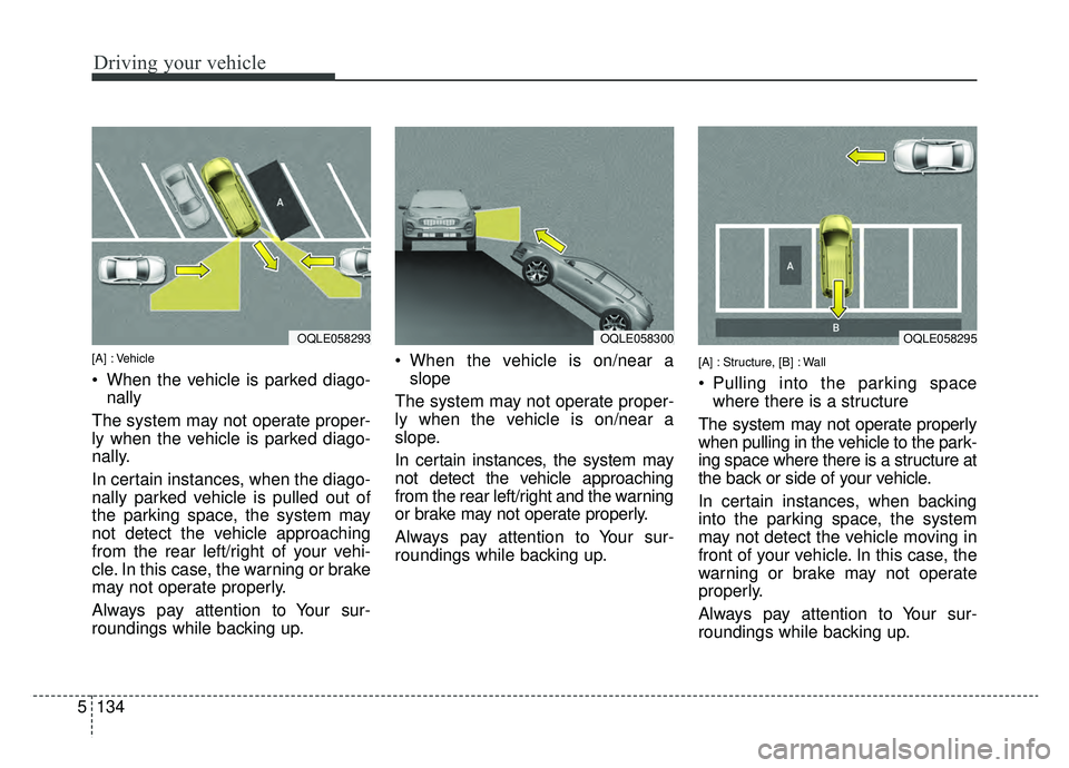 KIA SPORTAGE 2020  Owners Manual Driving your vehicle
134
5
[A] : Vehicle
 When the vehicle is parked diago-
nally
The system may not operate proper-
ly when the vehicle is parked diago-
nally.
In certain instances, when the diago-
n