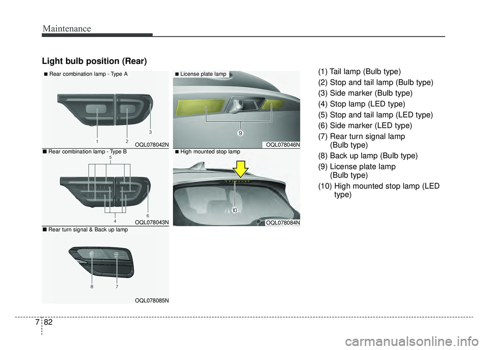 KIA SPORTAGE 2020 Owners Manual Maintenance
82
7
Light bulb position (Rear)
(1) Tail lamp (Bulb type)
(2) Stop and tail lamp (Bulb type)
(3) Side marker (Bulb type)
(4) Stop lamp (LED type)
(5) Stop and tail lamp (LED type)
(6) Side KIA SPORTAGE 2020 Owners Manual Maintenance
82
7
Light bulb position (Rear)
(1) Tail lamp (Bulb type)
(2) Stop and tail lamp (Bulb type)
(3) Side marker (Bulb type)
(4) Stop lamp (LED type)
(5) Stop and tail lamp (LED type)
(6) Side