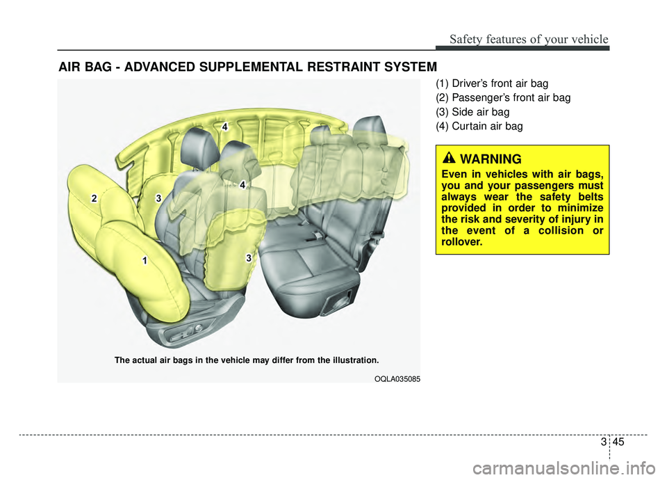 KIA SPORTAGE 2020 Repair Manual 345
Safety features of your vehicle
(1) Driver’s front air bag
(2) Passenger’s front air bag
(3) Side air bag
(4) Curtain air bag
AIR BAG - ADVANCED SUPPLEMENTAL RESTRAINT SYSTEM
The actual air ba KIA SPORTAGE 2020 Repair Manual 345
Safety features of your vehicle
(1) Driver’s front air bag
(2) Passenger’s front air bag
(3) Side air bag
(4) Curtain air bag
AIR BAG - ADVANCED SUPPLEMENTAL RESTRAINT SYSTEM
The actual air ba