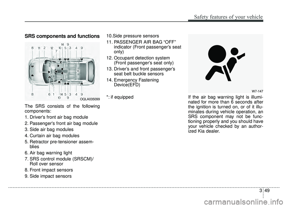 KIA SPORTAGE 2020 Repair Manual 349
Safety features of your vehicle
SRS components and functions
The SRS consists of the following
components:
1. Drivers front air bag module
2. Passengers front air bag module
3. Side air bag modu KIA SPORTAGE 2020 Repair Manual 349
Safety features of your vehicle
SRS components and functions
The SRS consists of the following
components:
1. Drivers front air bag module
2. Passengers front air bag module
3. Side air bag modu