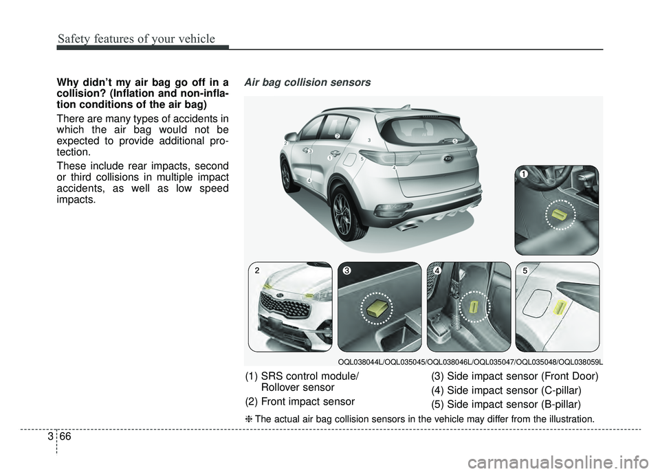 KIA SPORTAGE 2020 Manual Online Safety features of your vehicle
66
3
Why didn’t my air bag go off in a
collision? (Inflation and non-infla-
tion conditions of the air bag)
There are many types of accidents in
which the air bag wou KIA SPORTAGE 2020 Manual Online Safety features of your vehicle
66
3
Why didn’t my air bag go off in a
collision? (Inflation and non-infla-
tion conditions of the air bag)
There are many types of accidents in
which the air bag wou