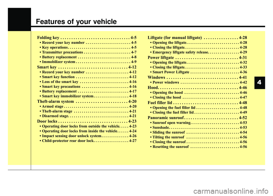 KIA SPORTAGE 2020  Owners Manual Features of your vehicle
Folding key . . . . . . . . . . . . . . . . . . . . . . . . . . . . . . . . 4-5
• Record your key number . . . . . . . . . . . . . . . . . . . . . . . 4-5
• Key operations