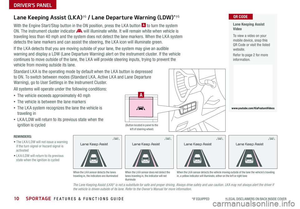 KIA SPORTAGE 2020 Features and Functions Guide DRIVER'S PANEL
10SPORTAGE FEATURES & FUNCTIONS GUIDE*IF EQUIPPED †LEGAL DISCL AIMERS ON BACK INSIDE COVER
Lane Keeping Assist (LKA)†6 / Lane Departure Warning (LDW)*†6
W KIA SPORTAGE 2020 Features and Functions Guide DRIVER'S PANEL
10SPORTAGE FEATURES & FUNCTIONS GUIDE*IF EQUIPPED †LEGAL DISCL AIMERS ON BACK INSIDE COVER
Lane Keeping Assist (LKA)†6 / Lane Departure Warning (LDW)*†6
W