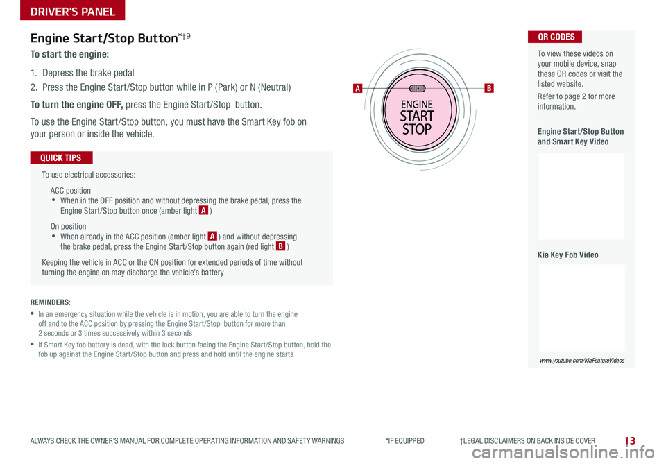 KIA SPORTAGE 2020 Features and Functions Guide DRIVER'S PANEL
13ALWAYS CHECK THE OWNER’S MANUAL FOR COMPLETE OPER ATING INFORMATION AND SAFET Y WARNINGS *IF EQUIPPED †LEGAL DISCL AIMERS ON BACK INSIDE COVER
Engine Star KIA SPORTAGE 2020 Features and Functions Guide DRIVER'S PANEL
13ALWAYS CHECK THE OWNER’S MANUAL FOR COMPLETE OPER ATING INFORMATION AND SAFET Y WARNINGS *IF EQUIPPED †LEGAL DISCL AIMERS ON BACK INSIDE COVER
Engine Star