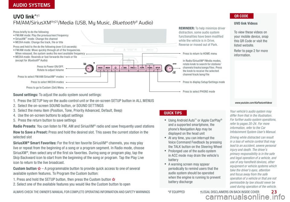 KIA SPORTAGE 2020 Features and Functions Guide 23
AUDIO SYSTEMS
ALWAYS CHECK THE OWNER’S MANUAL FOR COMPLETE OPER ATING INFORMATION AND SAFET Y WARNINGS *IF EQUIPPED †LEGAL DISCL AIMERS ON BACK INSIDE COVER
Your vehicle KIA SPORTAGE 2020 Features and Functions Guide 23
AUDIO SYSTEMS
ALWAYS CHECK THE OWNER’S MANUAL FOR COMPLETE OPER ATING INFORMATION AND SAFET Y WARNINGS *IF EQUIPPED †LEGAL DISCL AIMERS ON BACK INSIDE COVER
Your vehicle