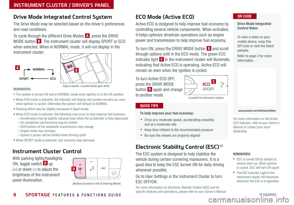 KIA SPORTAGE 2020  Features and Functions Guide 8*IF EQUIPPED SPORTAGE  FEATURES & FUNCTIONS GUIDE
INSTRUMENT CLUSTER / DRIVER’S PANEL
Active ECO is designed to help improve fuel economy by 
controlling several vehicle components  When activated,