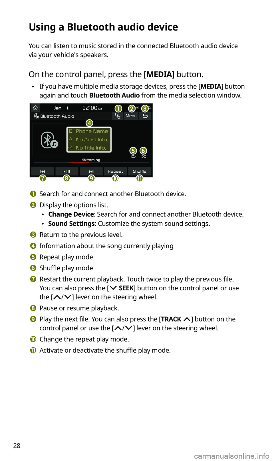 KIA SPORTAGE 2020  Quick Reference Guide 28
Using a Bluetooth audio device
You can listen to music stored in the connected Bluetooth audio device 
via your vehicle′s speakers.
On the control panel, press the [MEDIA] button.
 •If you have