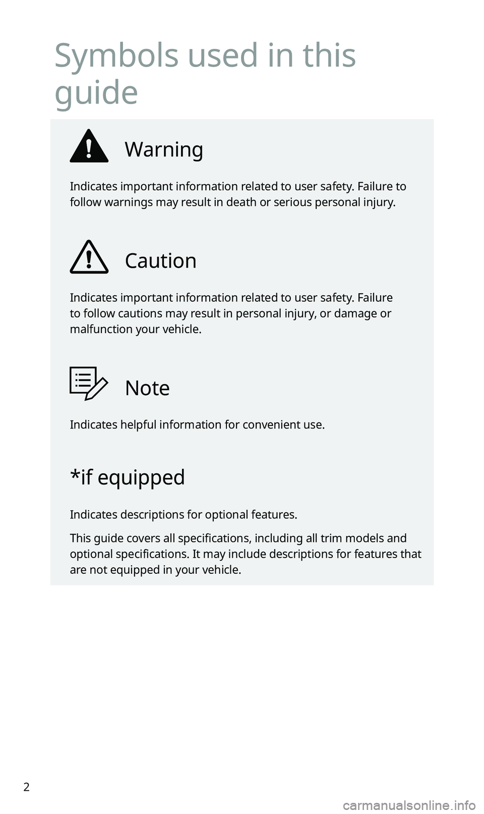 KIA SPORTAGE 2020  Quick Reference Guide 2
Symbols used in this 
guide
Warning
Indicates important information related to user safety. Failure to 
follow warnings may result in death or serious personal injury.
Caution
Indicates important in
