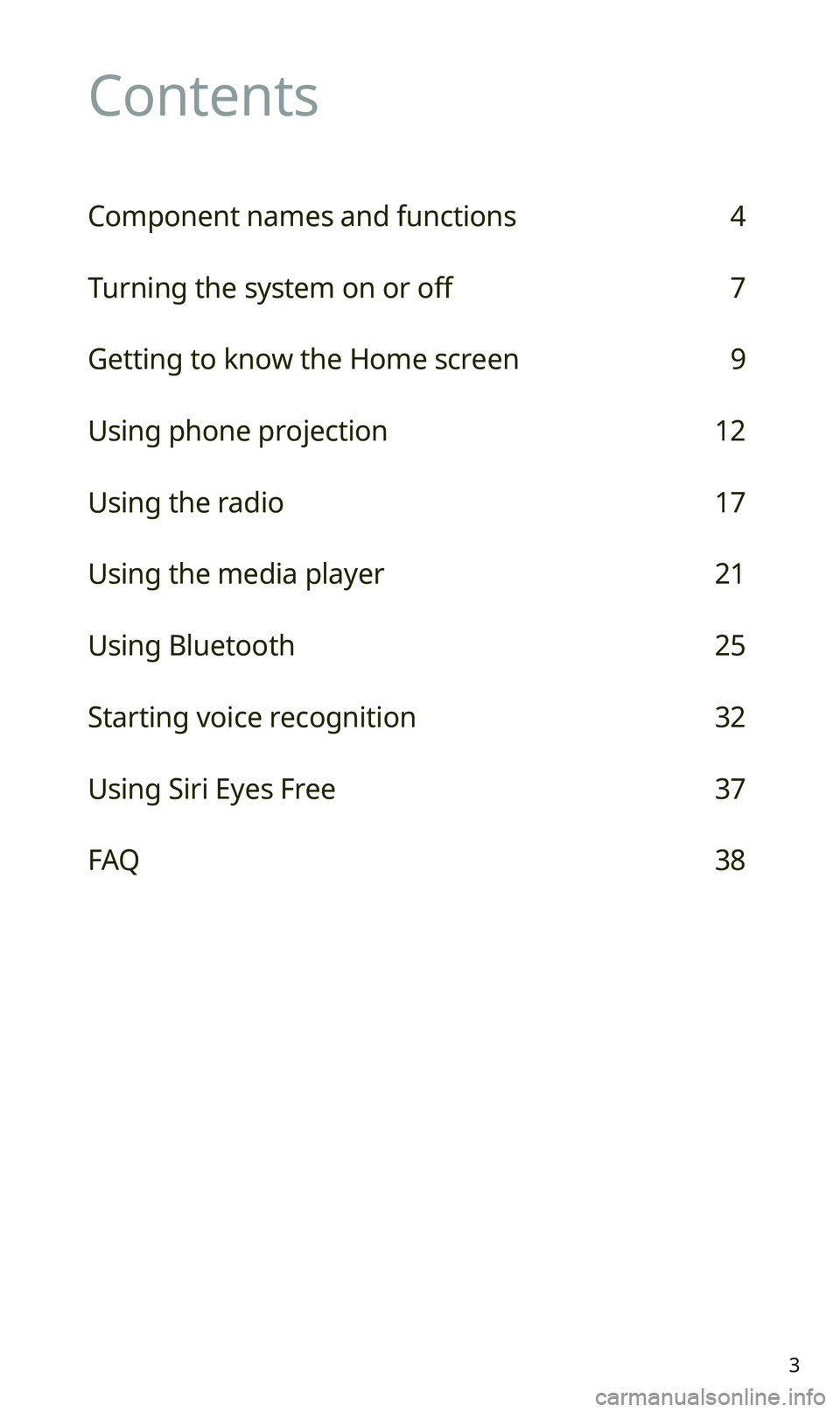 KIA SPORTAGE 2020  Quick Reference Guide 3
Contents
Component names and functions 4
Turning the system on or off 7
Getting to know the Home screen 9
Using phone projection 12
Using the radio 17
Using the media player 21
Using Bluetooth 25
St