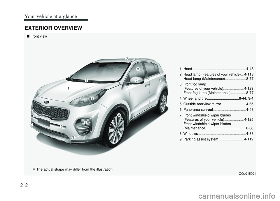 KIA SPORTAGE 2019 User Guide Your vehicle at a glance
22
EXTERIOR OVERVIEW
1. Hood ......................................................4-43
2. Head lamp (Features of your vehicle) ...4-118
Head lamp (Maintenance) .............. KIA SPORTAGE 2019 User Guide Your vehicle at a glance
22
EXTERIOR OVERVIEW
1. Hood ......................................................4-43
2. Head lamp (Features of your vehicle) ...4-118
Head lamp (Maintenance) ..............