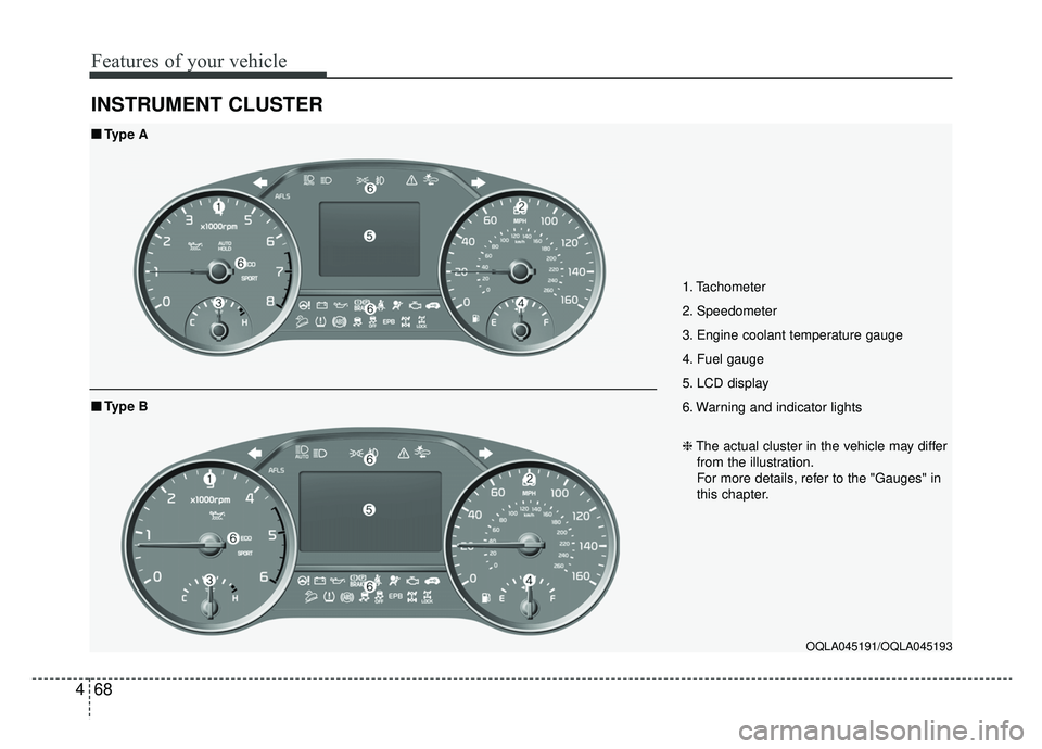 KIA SPORTAGE 2019 Owners Manual Features of your vehicle
68
4
INSTRUMENT CLUSTER
1. Tachometer
2. Speedometer
3. Engine coolant temperature gauge
4. Fuel gauge
5. LCD display
6. Warning and indicator lights
OQLA045191/OQLA045193
KIA SPORTAGE 2019 Owners Manual Features of your vehicle
68
4
INSTRUMENT CLUSTER
1. Tachometer
2. Speedometer
3. Engine coolant temperature gauge
4. Fuel gauge
5. LCD display
6. Warning and indicator lights
OQLA045191/OQLA045193