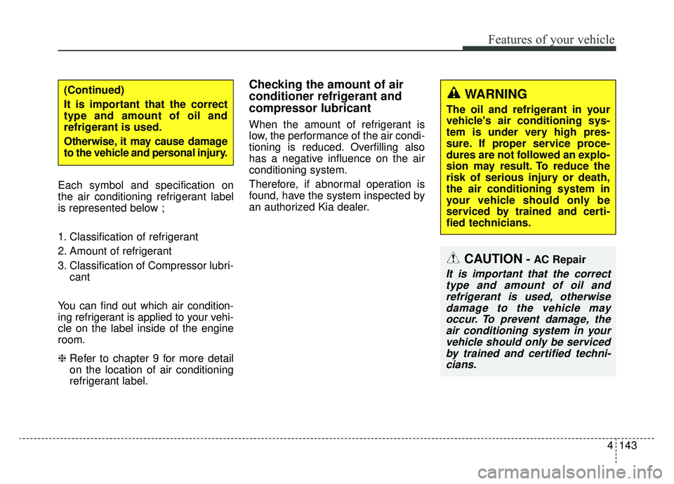 KIA SPORTAGE 2019  Owners Manual 4143
Features of your vehicle
Each symbol and specification on
the air conditioning refrigerant label
is represented below ;
1. Classification of refrigerant
2. Amount of refrigerant
3. Classification
