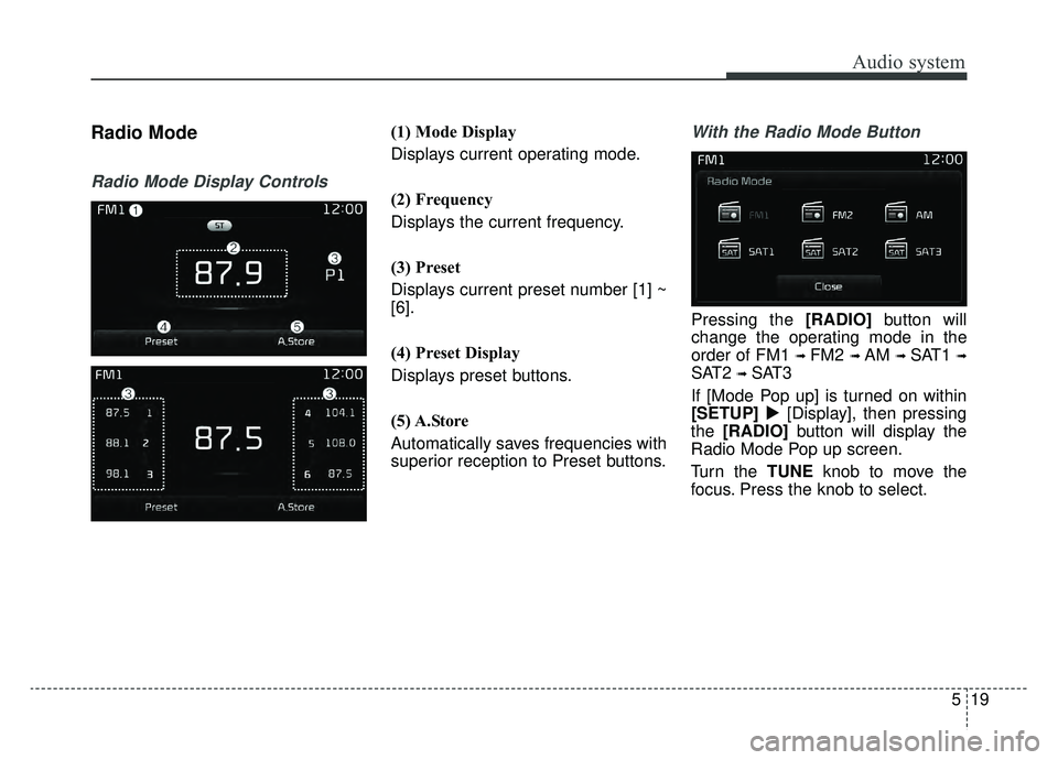 KIA SPORTAGE 2019  Owners Manual Audio system
519
Radio Mode
Radio Mode Display Controls
(1) Mode Display
Displays current operating mode.
(2) Frequency
Displays the current frequency.
(3) Preset
Displays current preset number [1] ~
