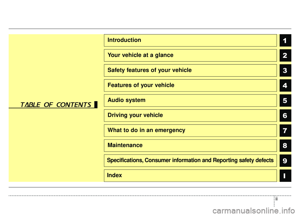 KIA SPORTAGE 2019  Owners Manual ii
1
2
3
4
5
6
7
8I
Introduction
Your vehicle at a glance
Safety features of your vehicle
Features of your vehicle
Audio system
Driving your vehicle
What to do in an emergency
Maintenance
9Specificati