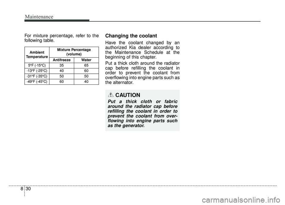 KIA SPORTAGE 2019 Owners Manual Maintenance
30
8
For mixture percentage, refer to the
following table.Changing the coolant
Have the coolant changed by an
authorized Kia dealer according to
the Maintenance Schedule at the
beginning o KIA SPORTAGE 2019 Owners Manual Maintenance
30
8
For mixture percentage, refer to the
following table.Changing the coolant
Have the coolant changed by an
authorized Kia dealer according to
the Maintenance Schedule at the
beginning o