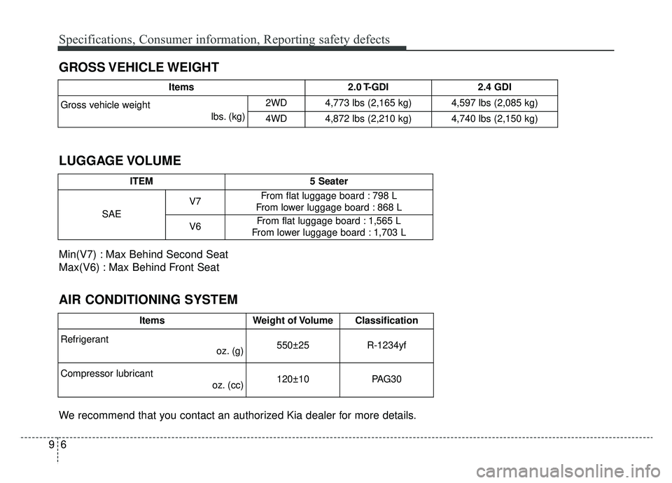 KIA SPORTAGE 2019  Owners Manual Specifications, Consumer information, Reporting safety defects
69
GROSS VEHICLE WEIGHT
AIR CONDITIONING SYSTEM LUGGAGE VOLUME
We recommend that you contact an authorized Kia dealer for more details. M