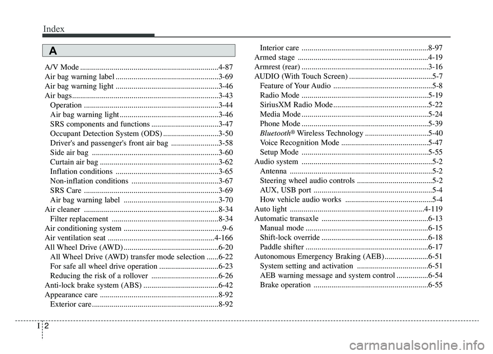 KIA SPORTAGE 2019  Owners Manual Index
2I
A/V Mode ......................................................................4-\
87
Air bag warning label ....................................................3-69
Air bag warning light ....