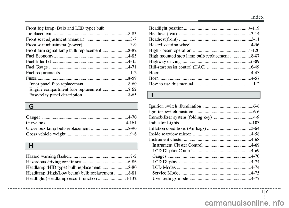 KIA SPORTAGE 2019  Owners Manual I7
Index
Front fog lamp (Bulb and LED type) bulbreplacement ............................................................\
....8-83
Front seat adjustment (manual) ......................................