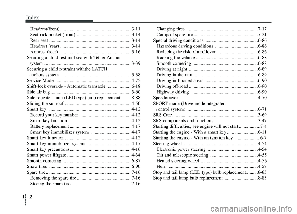 KIA SPORTAGE 2019 Owners Manual Index
12I
Headrest(front) ............................................................3-11
Seatback pocket (front) ..............................................3-14
Rear seat ........................ KIA SPORTAGE 2019 Owners Manual Index
12I
Headrest(front) ............................................................3-11
Seatback pocket (front) ..............................................3-14
Rear seat ........................