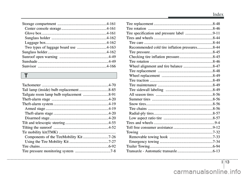 KIA SPORTAGE 2019 Owners Manual I13
Index
Storage compartment ..................................................4-161Center console storage ..............................................4-161
Glove box .............................. KIA SPORTAGE 2019 Owners Manual I13
Index
Storage compartment ..................................................4-161Center console storage ..............................................4-161
Glove box ..............................