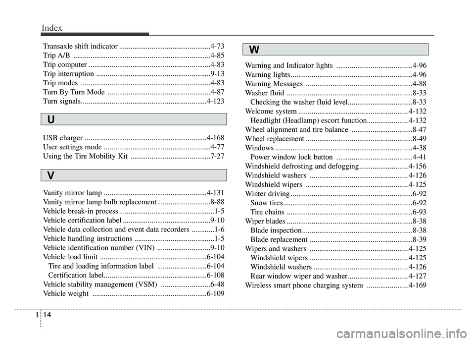 KIA SPORTAGE 2019 Owners Manual Index
14I
Transaxle shift indicator ................................................4-73
Trip A/B ........................................................................\
4-85
Trip computer ......... KIA SPORTAGE 2019 Owners Manual Index
14I
Transaxle shift indicator ................................................4-73
Trip A/B ........................................................................\
4-85
Trip computer .........