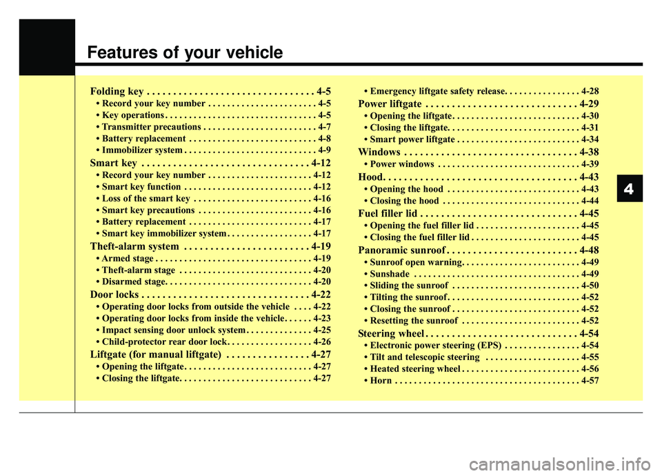 KIA SPORTAGE 2019  Owners Manual Features of your vehicle
Folding key . . . . . . . . . . . . . . . . . . . . . . . . . . . . . . . . 4-5
• Record your key number . . . . . . . . . . . . . . . . . . . . . . . 4-5
• Key operations