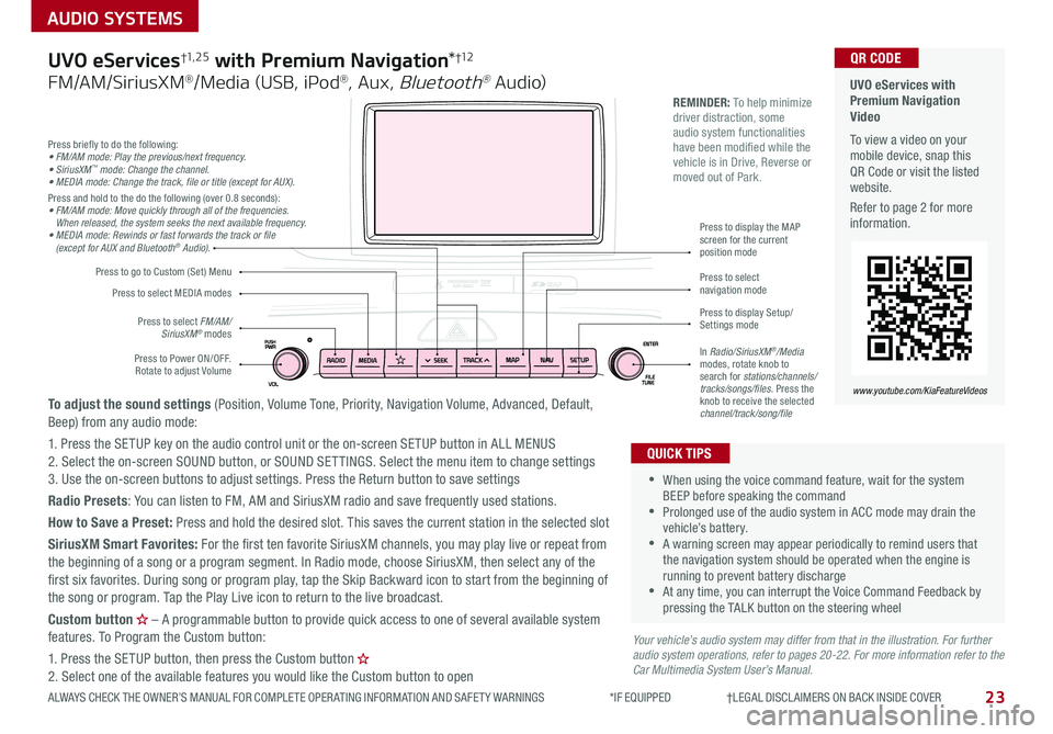 KIA SPORTAGE 2019 Features and Functions Guide 23
AUDIO SYSTEMS
ALWAYS CHECK THE OWNER’S MANUAL FOR COMPLETE OPER ATING INFORMATION AND SAFET Y WARNINGS *IF EQUIPPED †LEGAL DISCL AIMERS ON BACK INSIDE COVER
Press briefly KIA SPORTAGE 2019 Features and Functions Guide 23
AUDIO SYSTEMS
ALWAYS CHECK THE OWNER’S MANUAL FOR COMPLETE OPER ATING INFORMATION AND SAFET Y WARNINGS *IF EQUIPPED †LEGAL DISCL AIMERS ON BACK INSIDE COVER
Press briefly